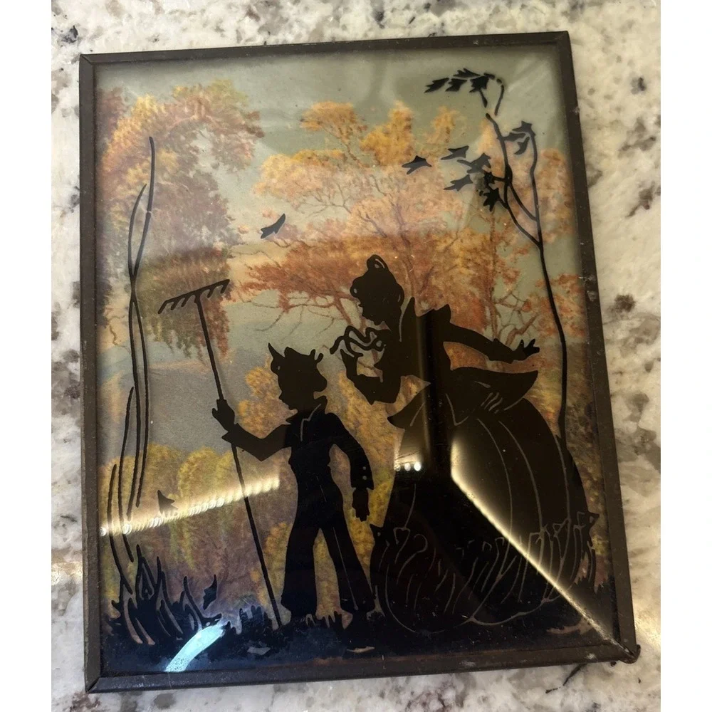2 Vintage Convex Glass Reverse Painted Wall Art Victorian‎ Lady Child Garden 4x5